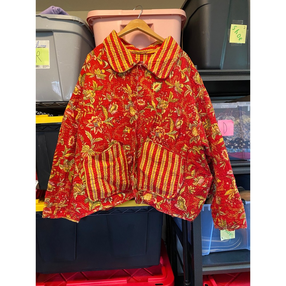 Quilted Jacket Floral Kantha Red Yellow Boho Oversized XL Handmade Cottage Fall - Picture 2 of 9